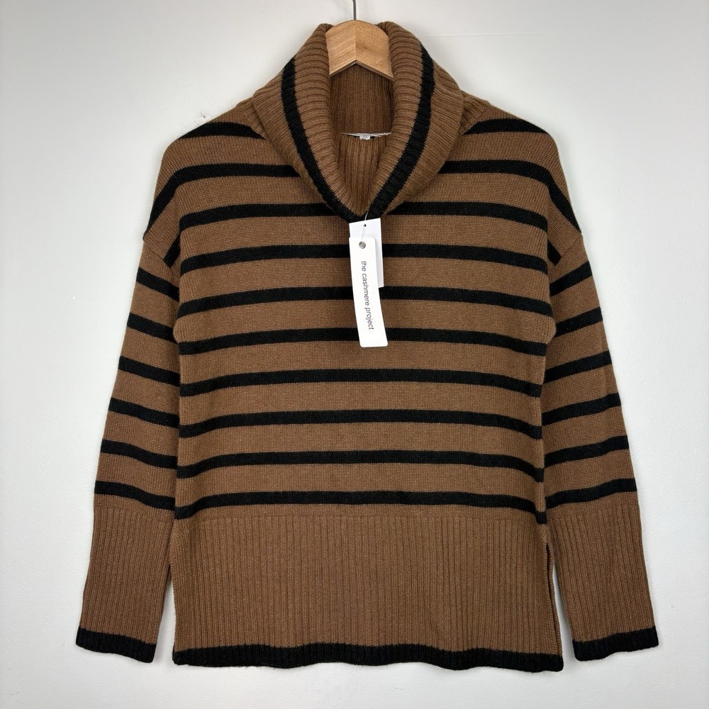 New The Cashmere Project Womens Cashmere Striped Turtleneck Sweater Brown Sz XS